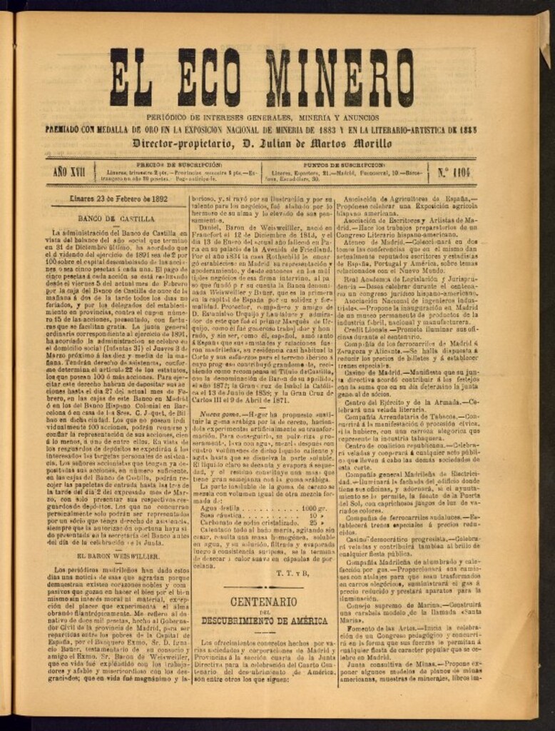 Miniatura de El Eco Minero : periódico bisemanal del 23 de febrero de 1892,nº 1104