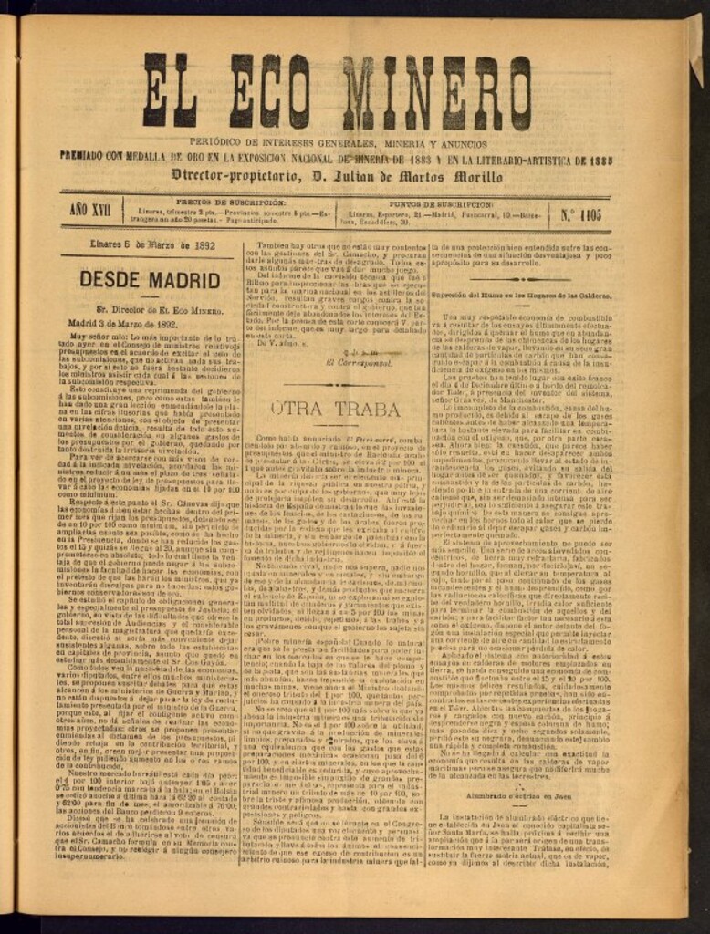 Miniatura de El Eco Minero : periódico bisemanal del 6 de marzo de 1892, nº 1105