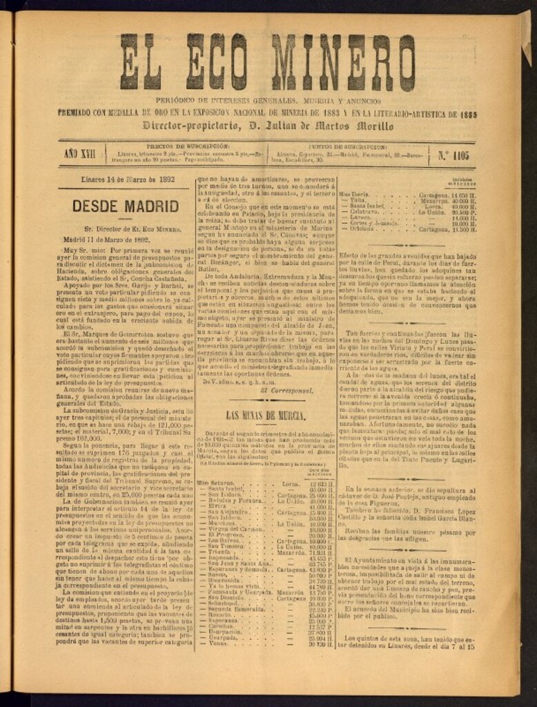 Miniatura de El Eco Minero : periódico bisemanal del 14 de marzo de 1892, nº 1105 [sic]