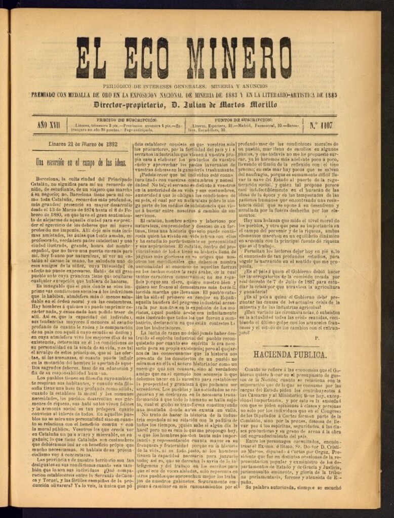 Miniatura de El Eco Minero : periódico bisemanal del 21 de marzo de 1892, nº 1107