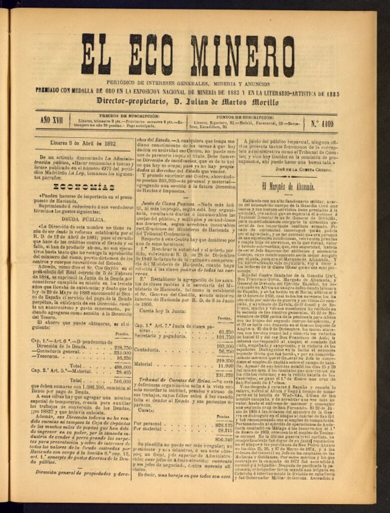 Miniatura de El Eco Minero : periódico bisemanal, del 9 de abril de 1892, nº 1109