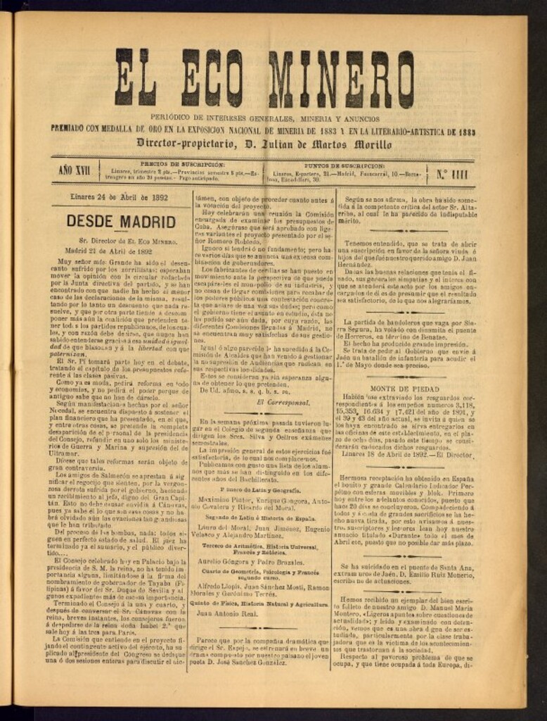Miniatura de El Eco Minero : periódico bisemanal del 24 de abril de 1892, nº 1111