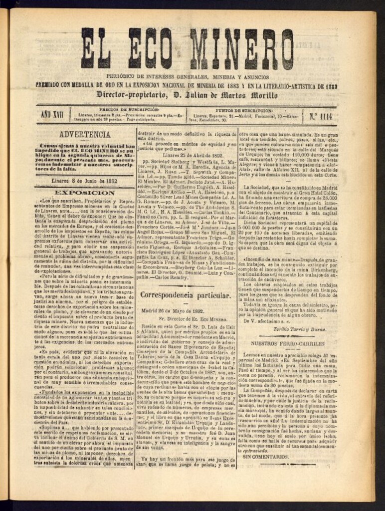 Miniatura de El Eco Minero : periódico bisemanal del 8 de junio de 1892, nº 1114