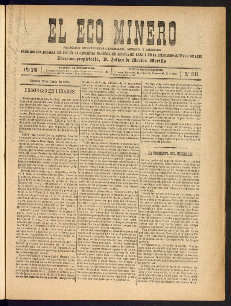 Miniatura de El Eco Minero : periódico bisemanal del 15 de junio de 1892, nº 1115