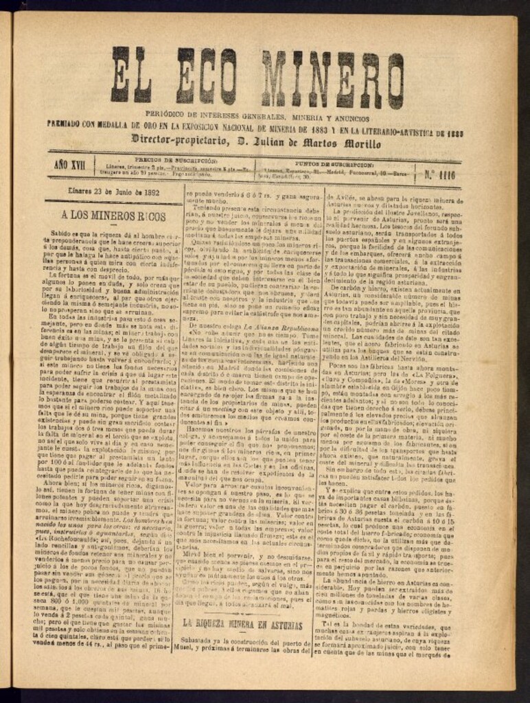 Miniatura de El Eco Minero : periódico bisemanal del 23 de junio de 1892, nº 1116