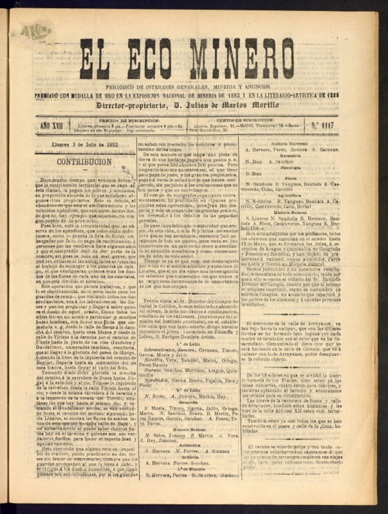 Miniatura de El Eco Minero : periódico bisemanal del 3 de julio de 1892, nº 1117