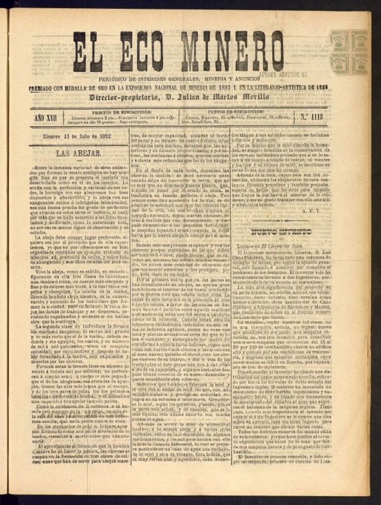 Miniatura de El Eco Minero : periódico bisemanal del 13 de julio de 1892, nº 1118