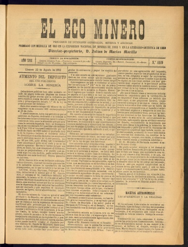 Miniatura de El Eco Minero : periódico bisemanal del 22 de agosto de 1892, nº 1119