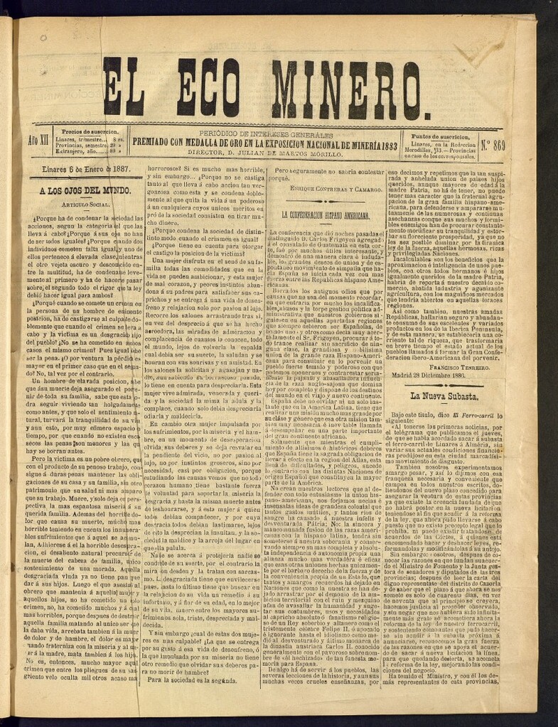 Miniatura de El Eco Minero : periódico bisemanal del 6 de enero de 1887, nº 869