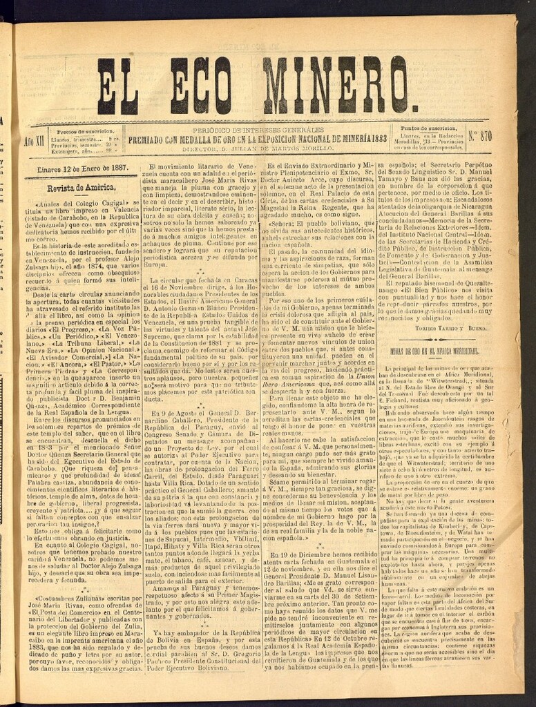 Miniatura de El Eco Minero : periódico bisemanal del 12 de enero de 1887, nº 870