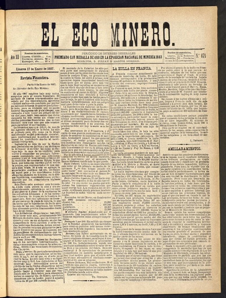 Miniatura de El Eco Minero : periódico bisemanal del 17 de enero de 1887, nº 871