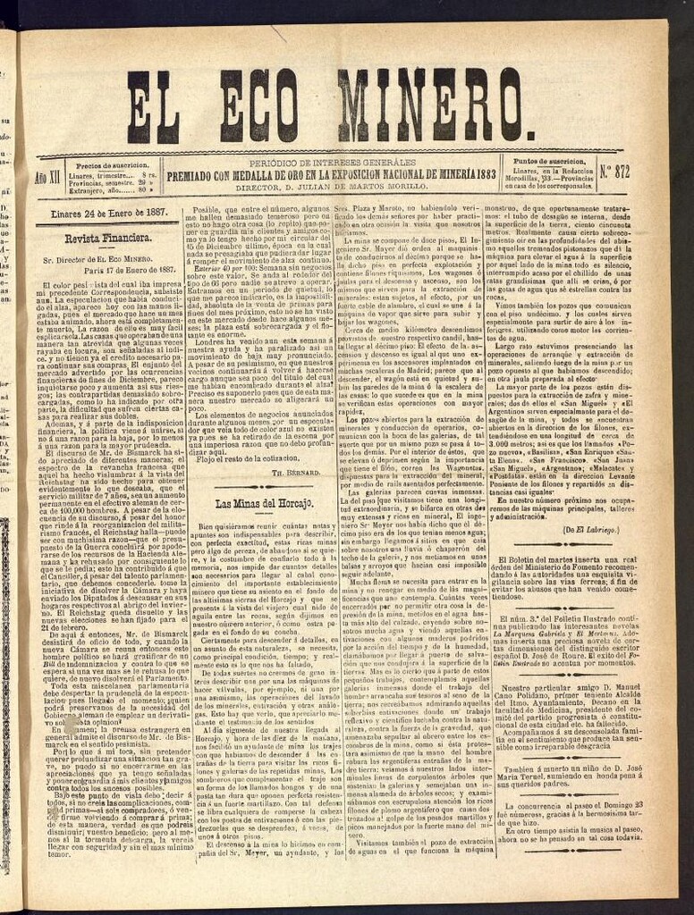 Miniatura de El Eco Minero : periódico bisemanal del 24 de enero de 1887, nº 872