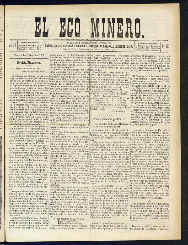 Miniatura de El Eco Minero : periódico bisemanal del 3 de febrero de 1887, nº 873