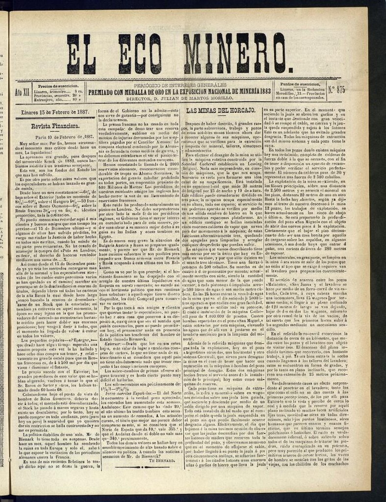 Miniatura de El Eco Minero : periódico bisemanal , de 15 de febrero de 1887, nº 875