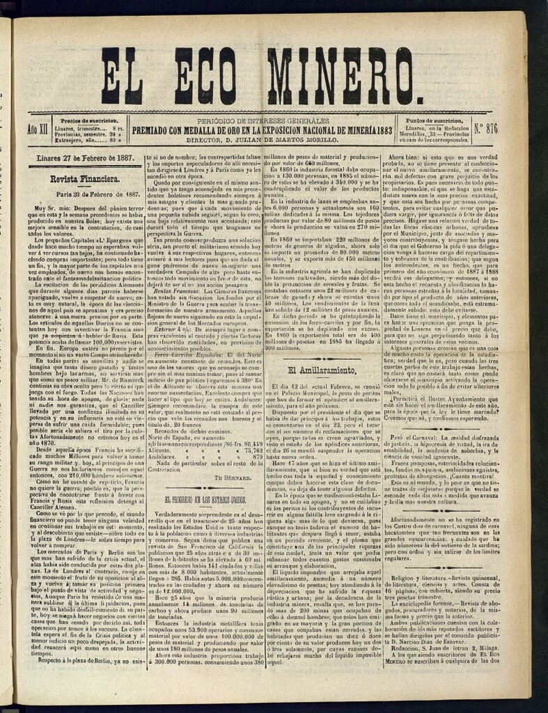 Miniatura de El Eco Minero : periódico bisemanal del 27 de febrero de 1887, nº 876