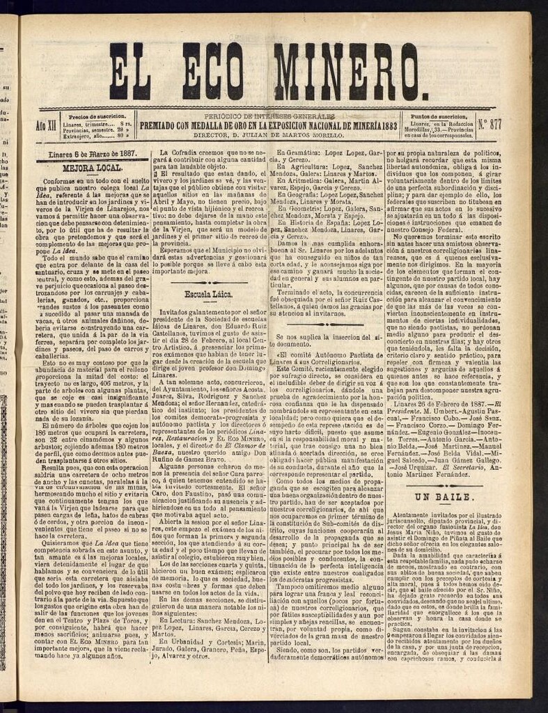 Miniatura de El Eco Minero : periódico bisemanal del 6 de marzo de 1887, nº 877