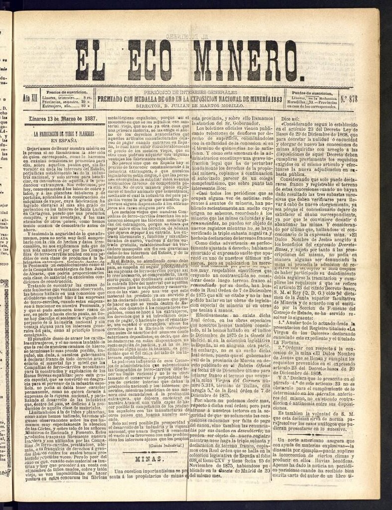 Miniatura de El Eco Minero : periódico bisemanal del 13 de marzo de 1887, nº 878