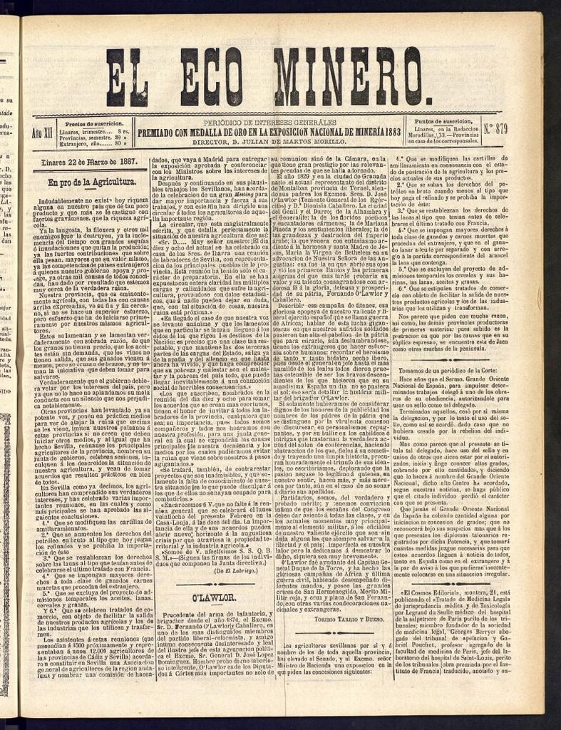 Miniatura de El Eco Minero : periódico bisemanal del 22 de marzo de 1887, nº 879