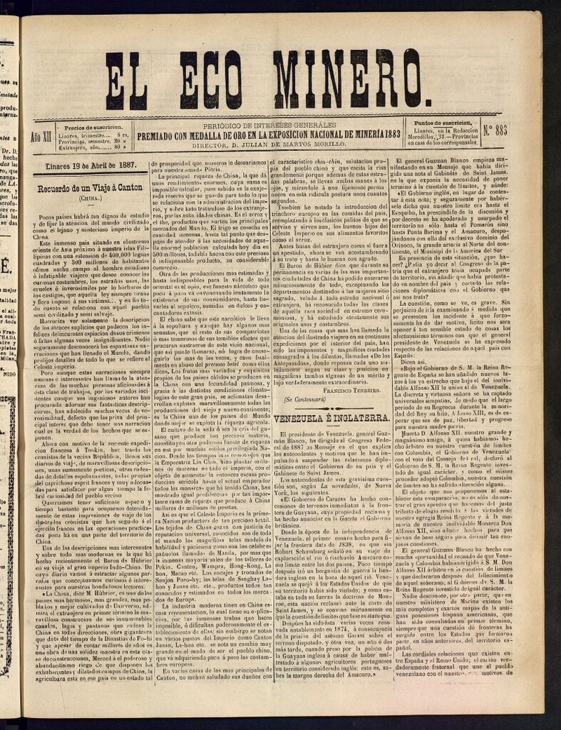 Miniatura de El Eco Minero : periódico bisemanal del 19 de abril de 1887, nº 883