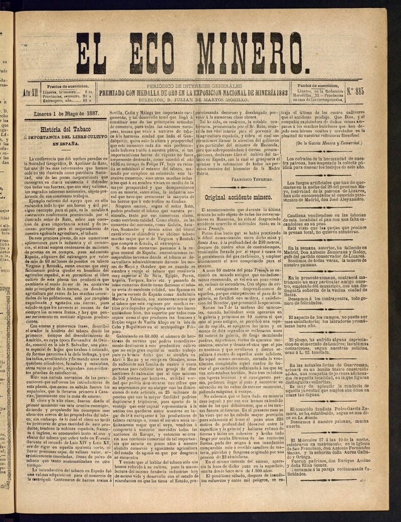 Miniatura de El Eco Minero : periódico bisemanal del 1 de mayo de 1887, nº 885