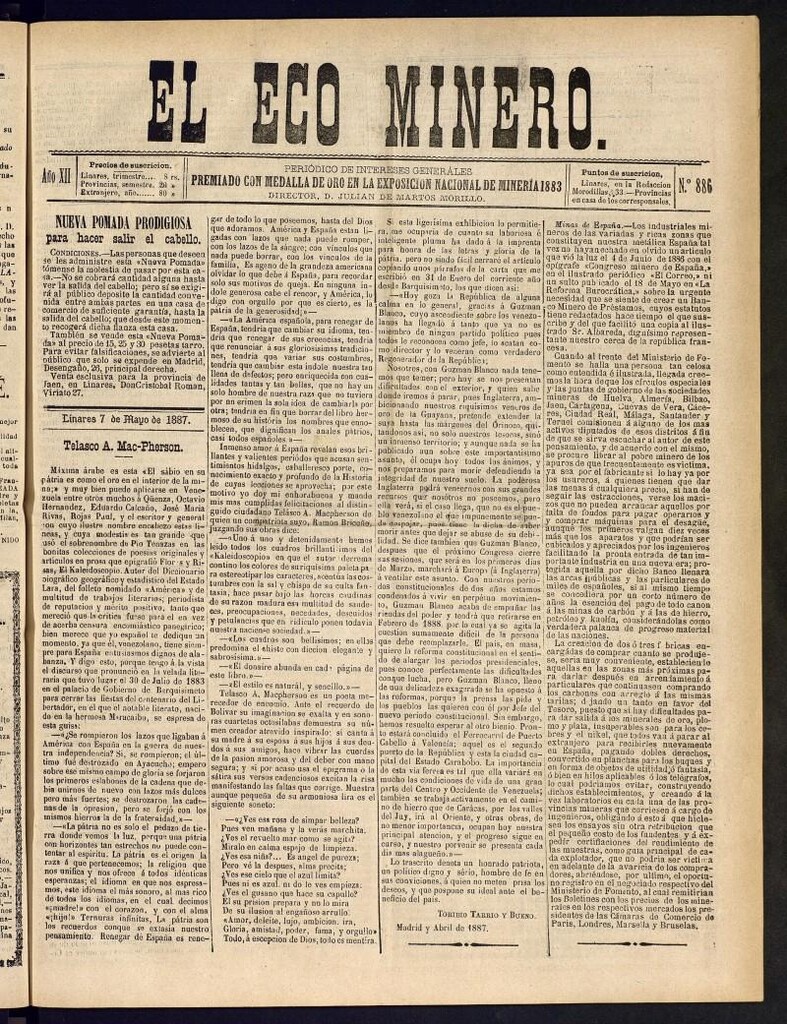 Miniatura de El Eco Minero : periódico bisemanal del 7 de mayo de 1887, nº 886