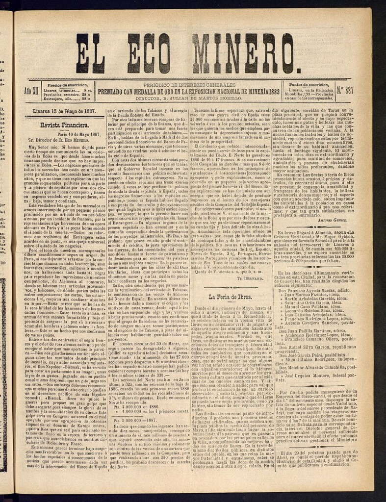 Miniatura de El Eco Minero : periódico bisemanal, 15 de mayo de 1887, nº 887