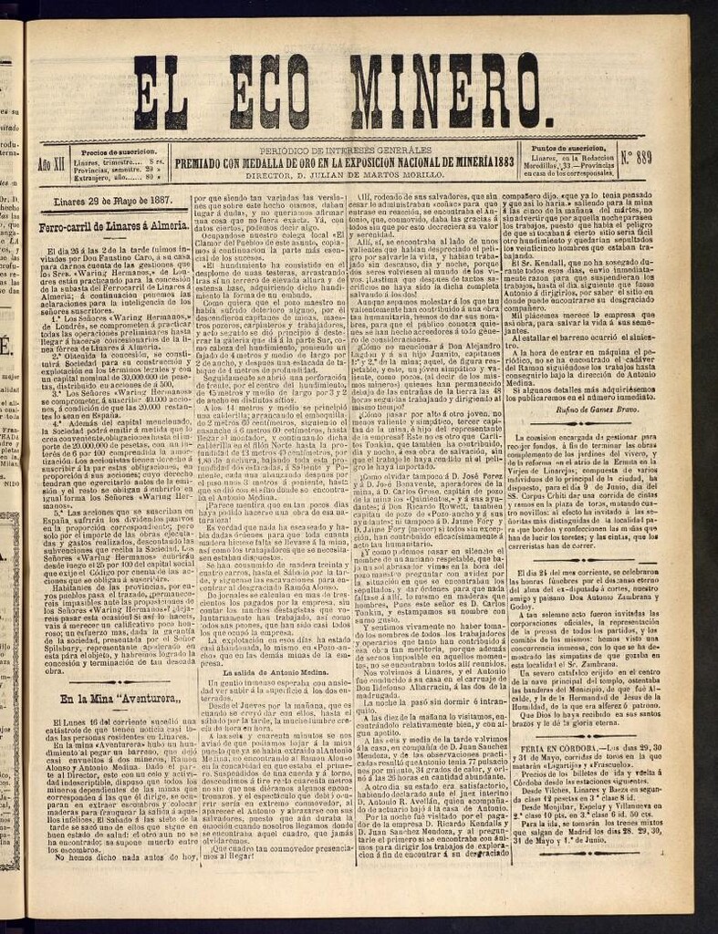 Miniatura de El Eco Minero : periódico bisemanal del 29 de mayo de 1887, nº 889