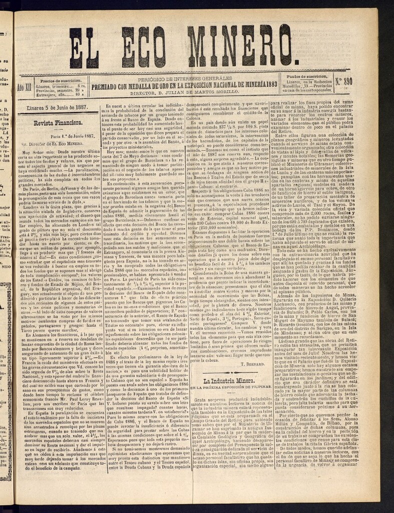 Miniatura de El Eco Minero : periódico bisemanal del 5 de junio de 1887, nº 890