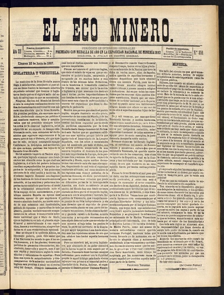 Miniatura de El Eco Minero : periódico bisemanal del 10 de junio de 1887, nº 891
