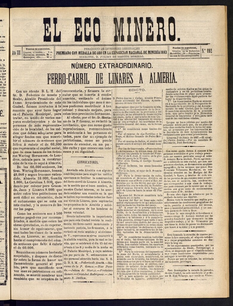 Miniatura de El Eco Minero : periódico bisemanal, número extraordinário, nº 892