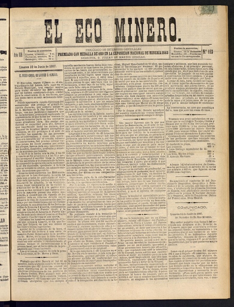 Miniatura de El Eco Minero : periódico bisemanal del 19 de junio de 1887, nº 893