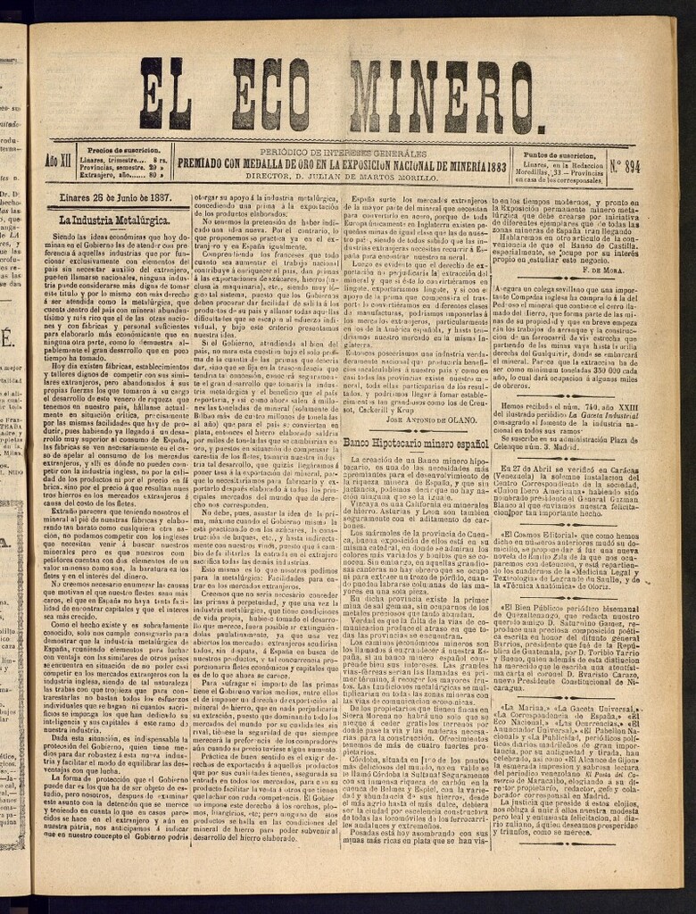 Miniatura de El Eco Minero : periódico bisemanal del 26 de junio de 1887, nº 894