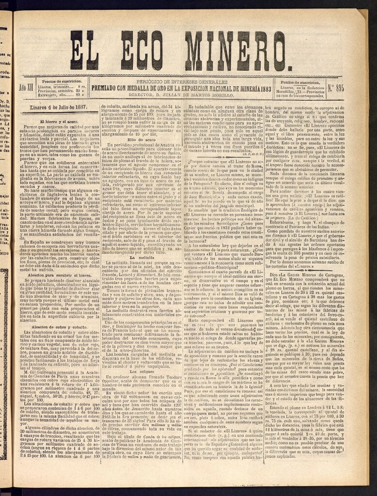 Miniatura de El Eco Minero : periódico bisemanal del 4 de julio de 1887, nº 895