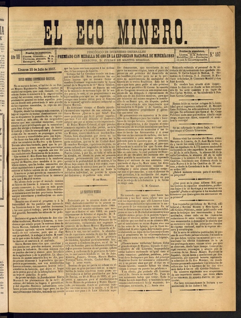 Miniatura de El Eco Minero : periódico bisemanal del 19 de julio de 1887, nº 897
