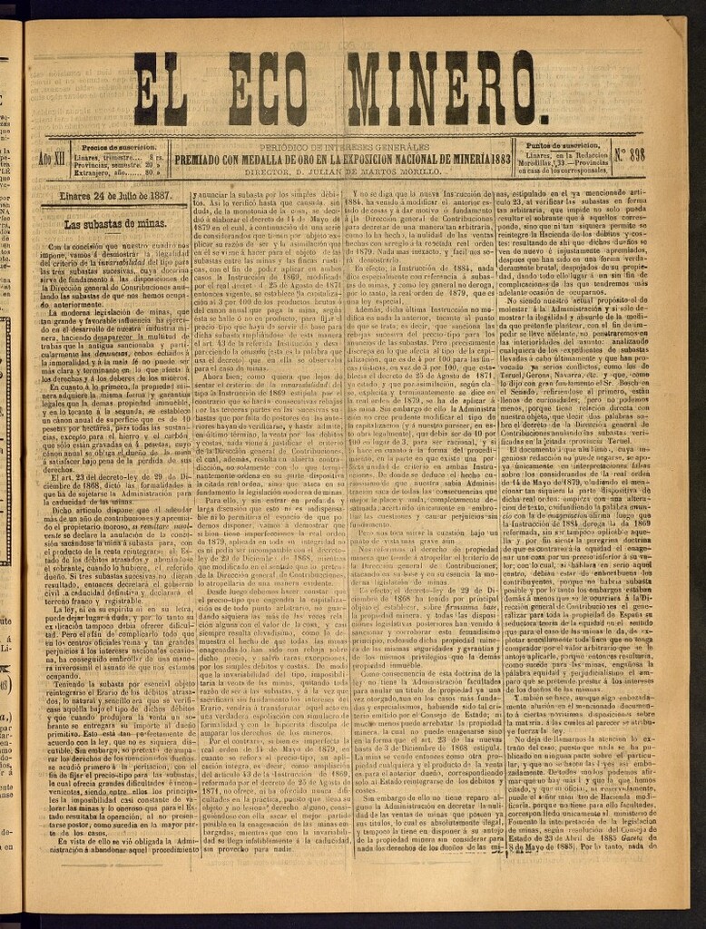 Miniatura de El Eco Minero : periódico bisemanal del 24 de julio de 1887, nº 898