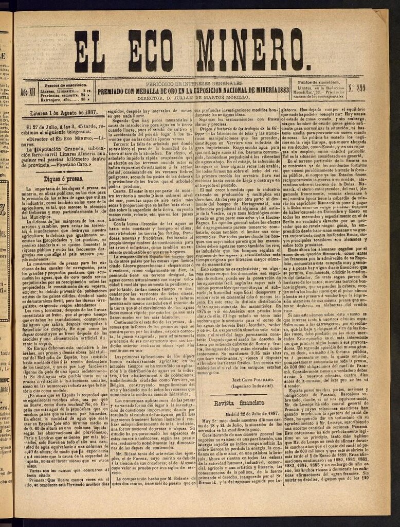 Miniatura de El Eco Minero : periódico bisemanal del 1 de agosto de 1887, nº 899