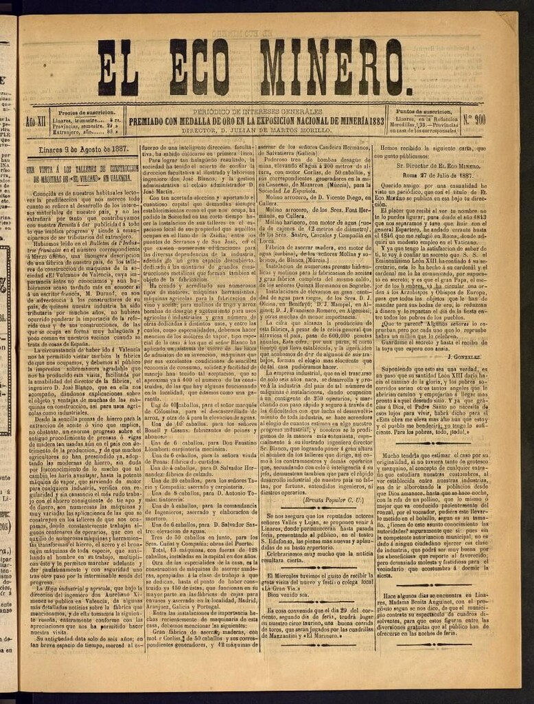 Miniatura de El Eco Minero : periódico bisemanal del 9 de agosto de 1887, nº 900