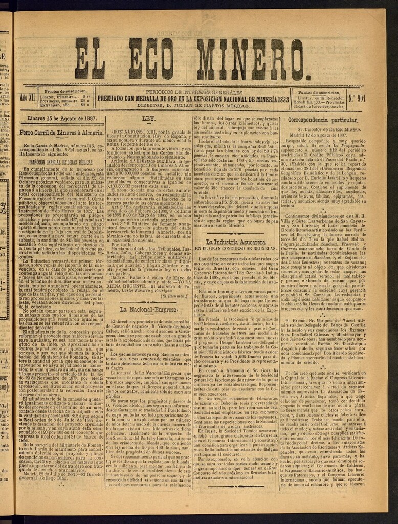 Miniatura de El Eco Minero : periódico bisemanal del 15 de agosto de 1887, nº 901