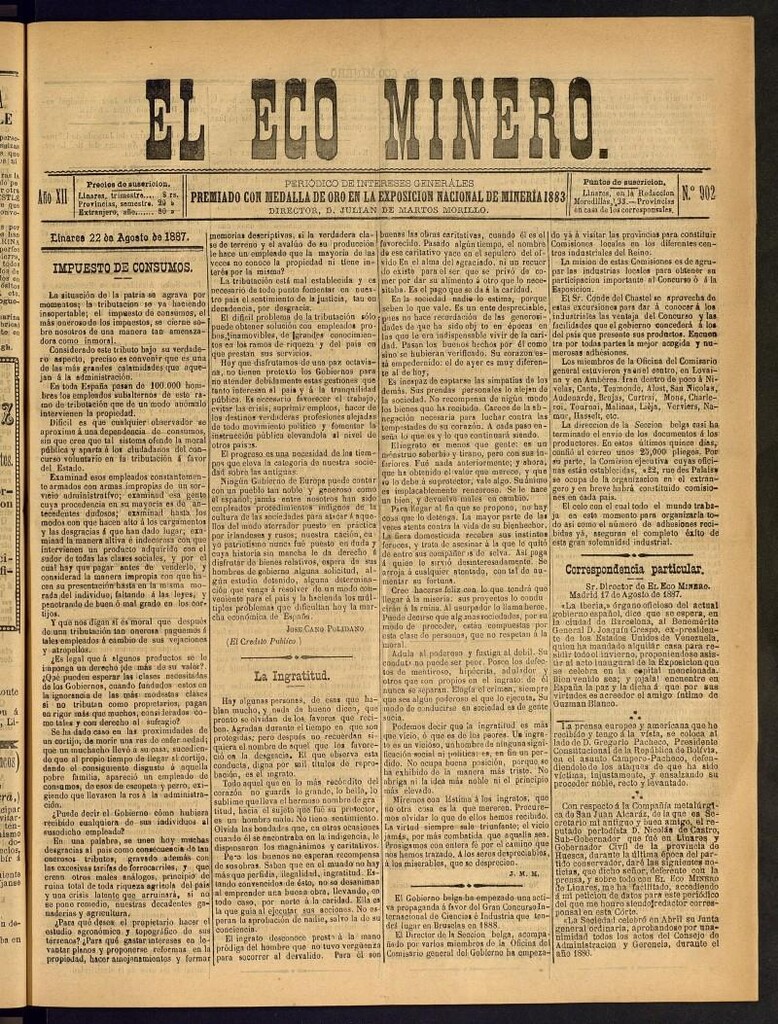 Miniatura de El Eco Minero : periódico bisemanal del 22 de agosto de 1887, nº 902