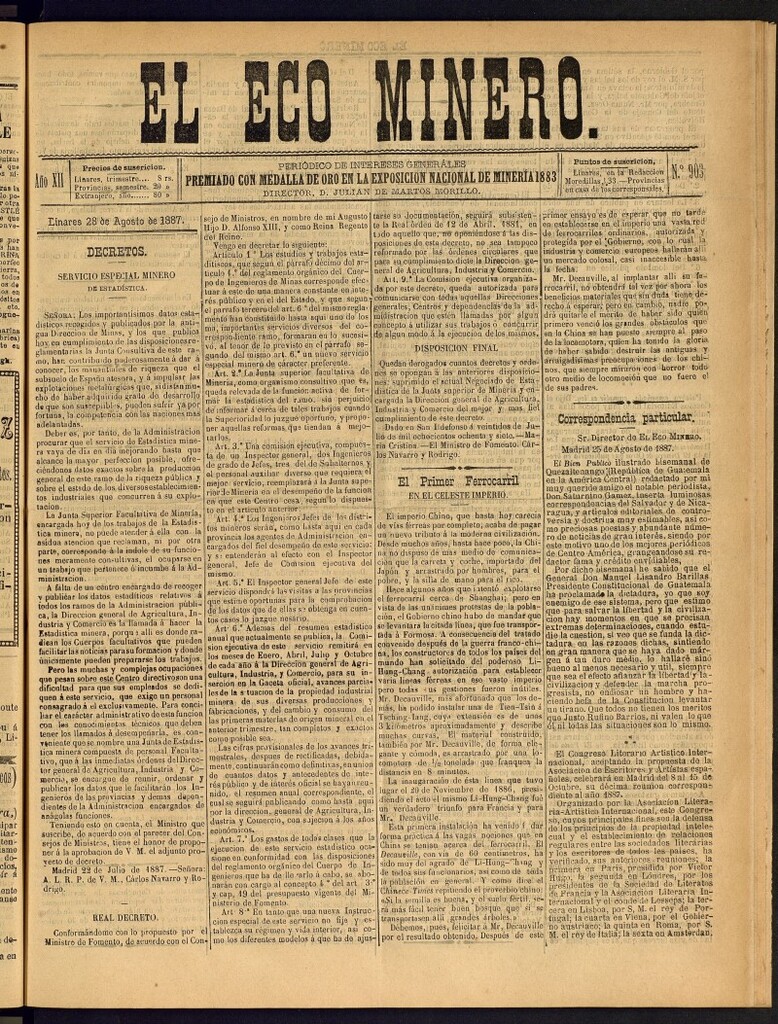 Miniatura de El Eco Minero : periódico bisemanal del 28 de agosto de 1887, nº 903