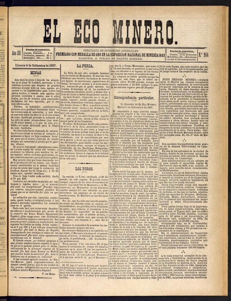 Miniatura de El Eco Minero : periódico bisemanal del 4 de septiembre de 1887, nº 904