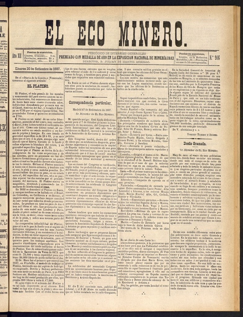 Miniatura de El Eco Minero : periódico bisemanal del 20 de septiembre de 1887, nº 906