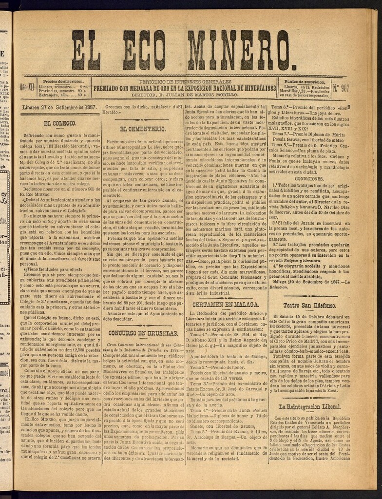 Miniatura de El Eco Minero : periódico bisemanal del 27 de septiembre de 1887, nº 907