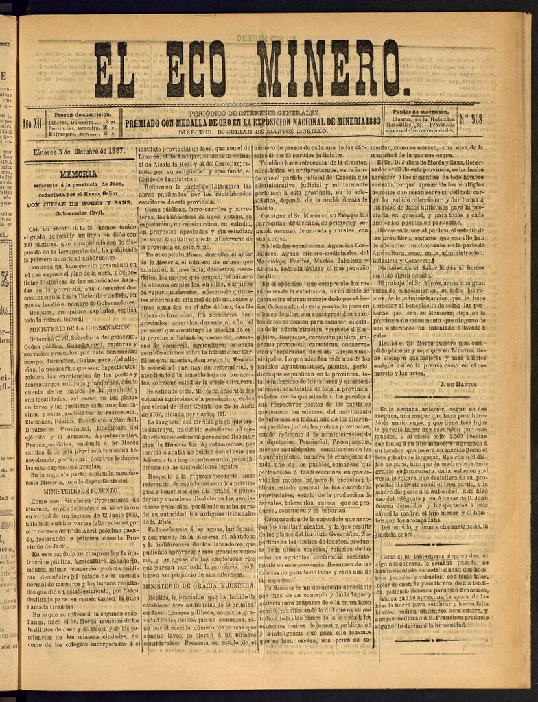 Miniatura de El Eco Minero : periódico bisemanal del 3 de octubre de 1887, nº 908