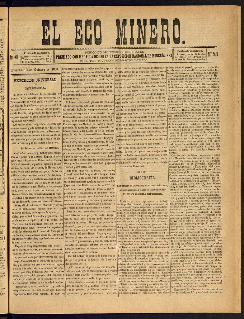 Miniatura de El Eco Minero : periódico bisemanal del 10 de octubre de 1887, nº 909