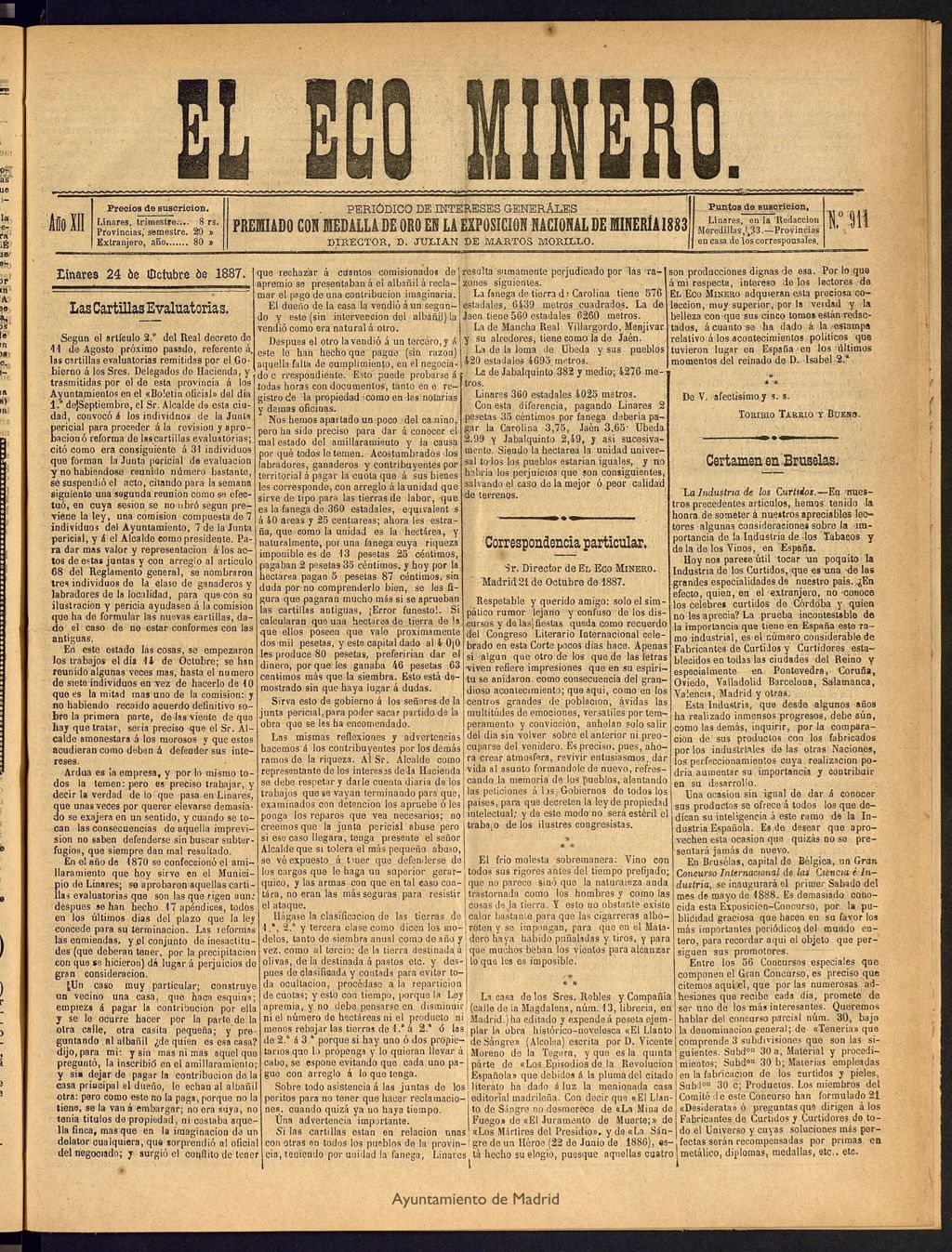 Miniatura de El Eco Minero : periódico bisemanal del 24 de octubre de 1887, nº 911