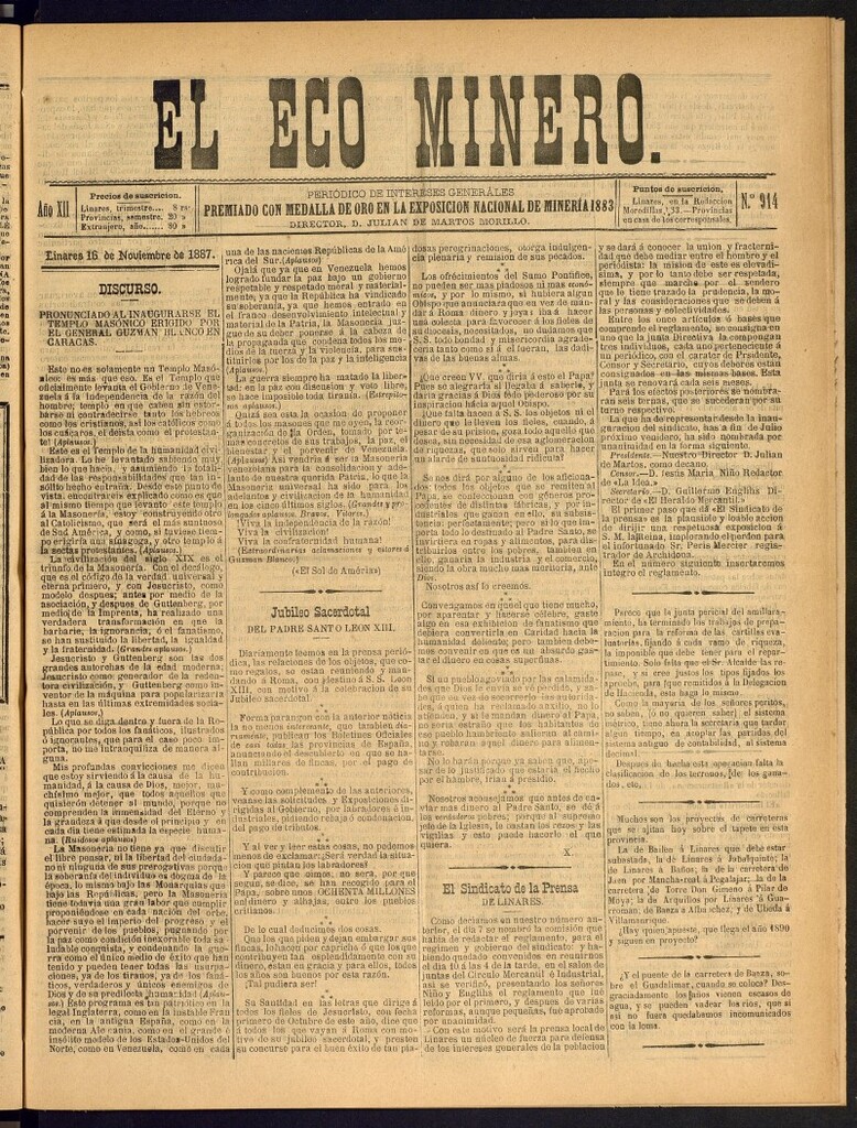 Miniatura de El Eco Minero : periódico bisemanal del 16 de noviembre de 1887, nº 914
