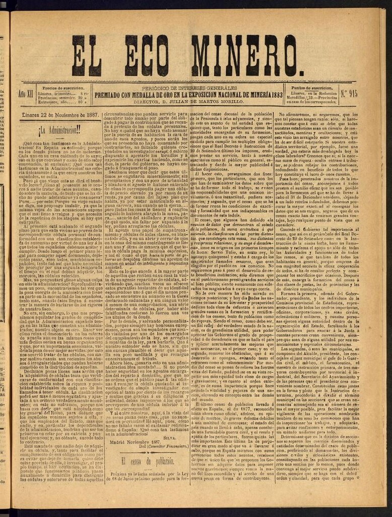 Miniatura de El Eco Minero : periódico bisemanal del 22 de noviembre de 1887, nº 915