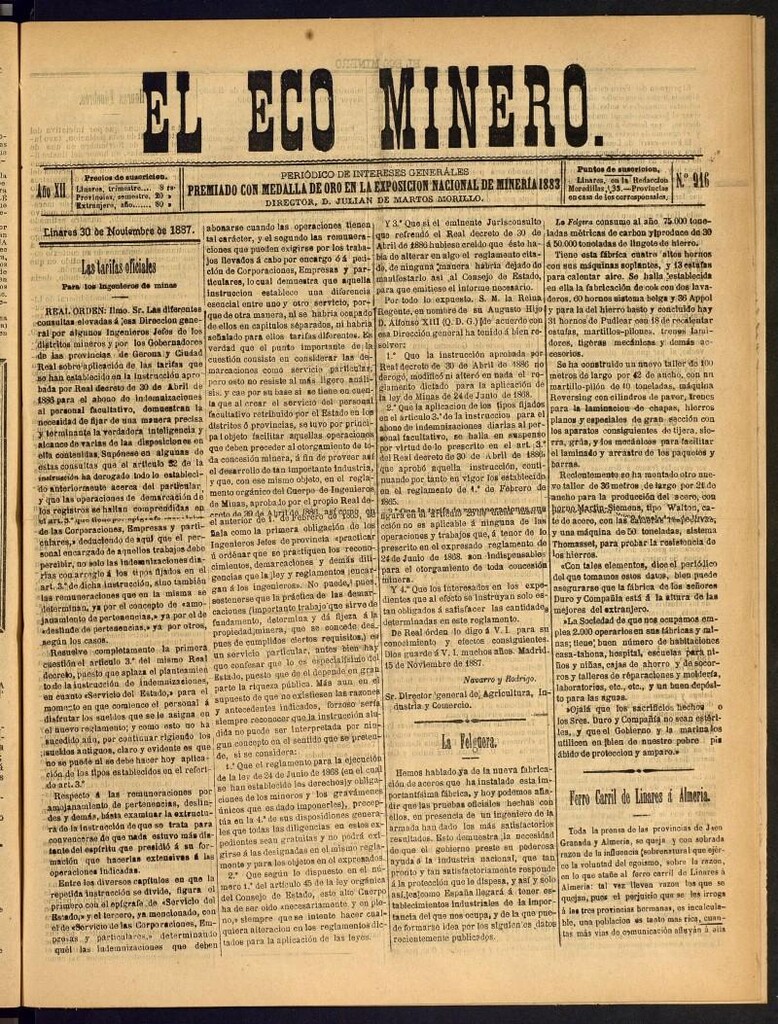 Miniatura de El Eco Minero : periódico bisemanal del 30 de noviembre de 1887, nº 916