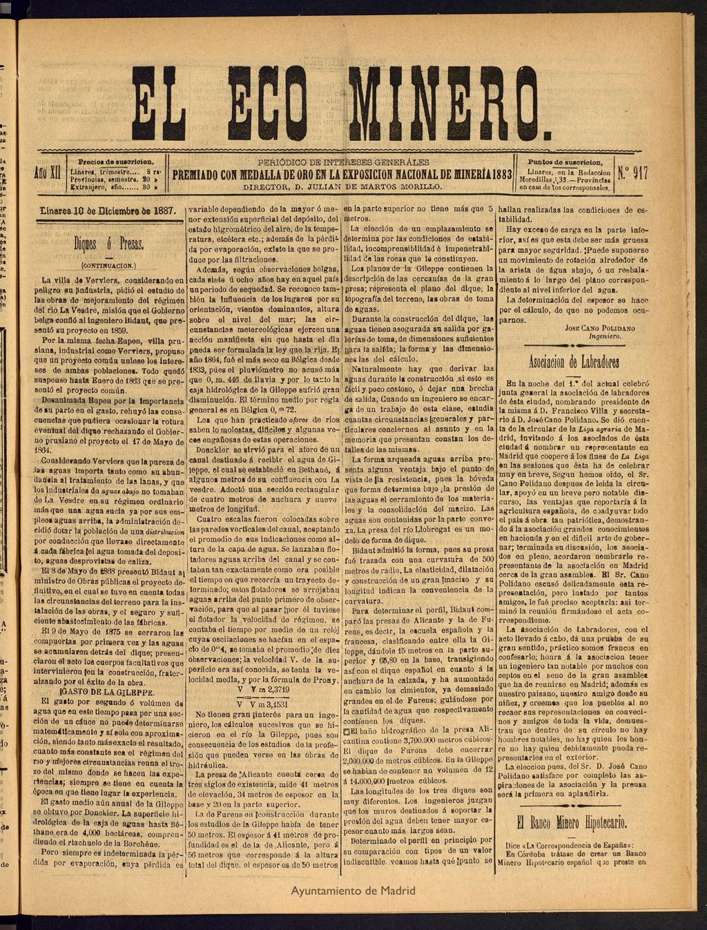 Miniatura de El Eco Minero : periódico bisemanal del 10 de diciembre de 1887, nº 917